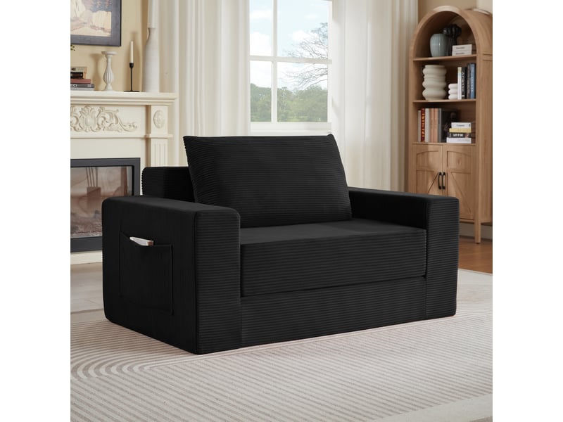  Canapé compressé 2 places convertible - transformable en chaise longue - poche latérale - moderne - velours côtelé - noir CozyNest - Conforama B