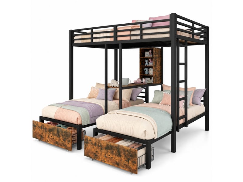  Lit superposé 3 couchages 140x200 + 90x200 cm, métal et mdf, noir, sans matelas  - Conforama A