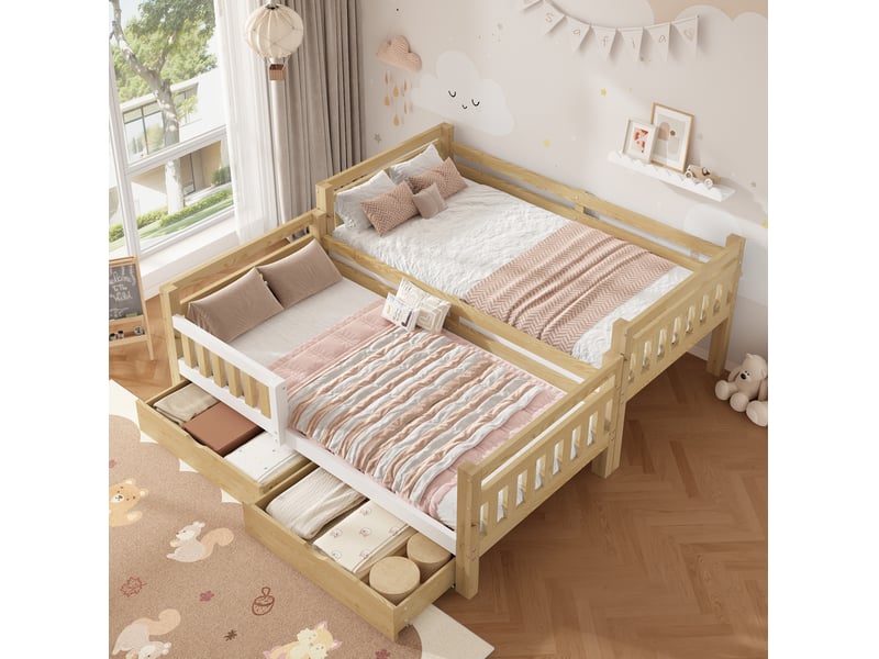  Lit superposé 90x200 cm, séparable en 2 lits, échelle, 2 tiroirs, bois blanc et naturel, sans matelas  - Conforama D