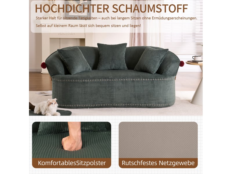 Canapé 2 places 163x93 cm – vert foncé – velours côtelé, silhouette chapeau de clown et 3 coussins inclus  - Conforama D