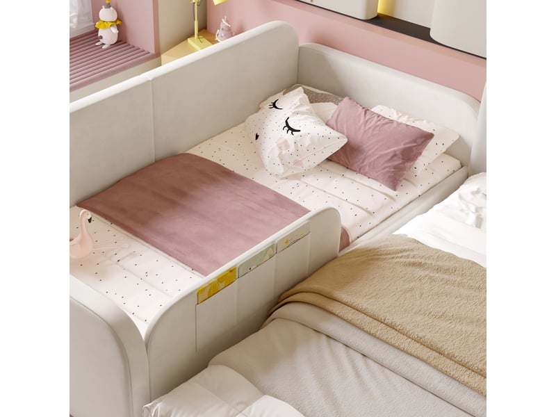  Lit enfant en velours blanc 90x200cm avec 2 tiroirs à roulettes, 3 poches de rangement et cadre métallique  - Conforama E