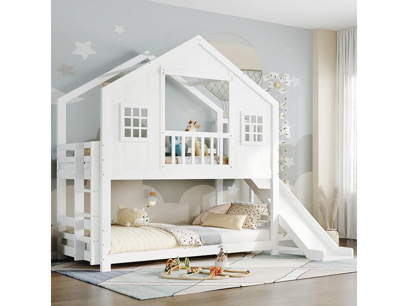 Lit superposé enfant 90x200 cm avec toboggan toit fenêtres marches stables pin mdf blanc  - Conforama D