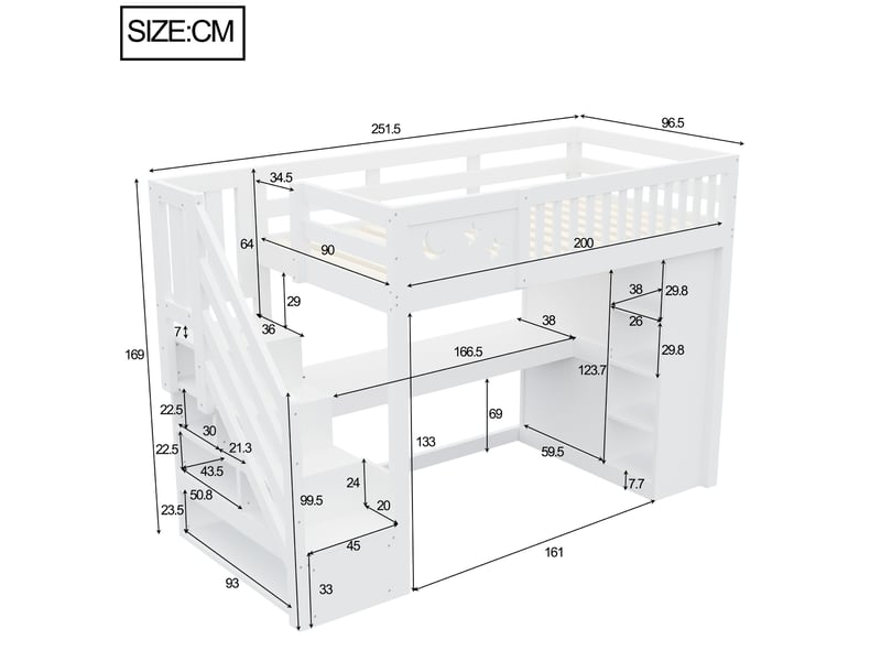 Lit mezzanine 90x200 cm blanc avec bureau, rangements et éclairage led - Conforama C