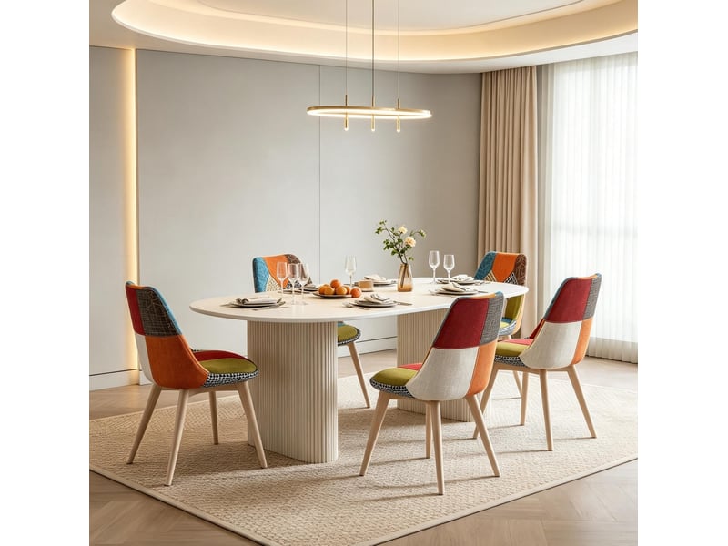 Chaise de salle à manger lot de 4, assise rembourrée et dossier incurvé en lin et bois multicolore - Conforama E