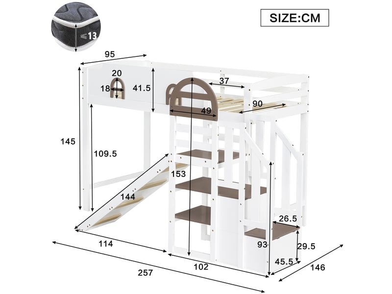 Lit mezzanine enfant avec toboggan et rangement 90x200 cm blanc et marron - Conforama E