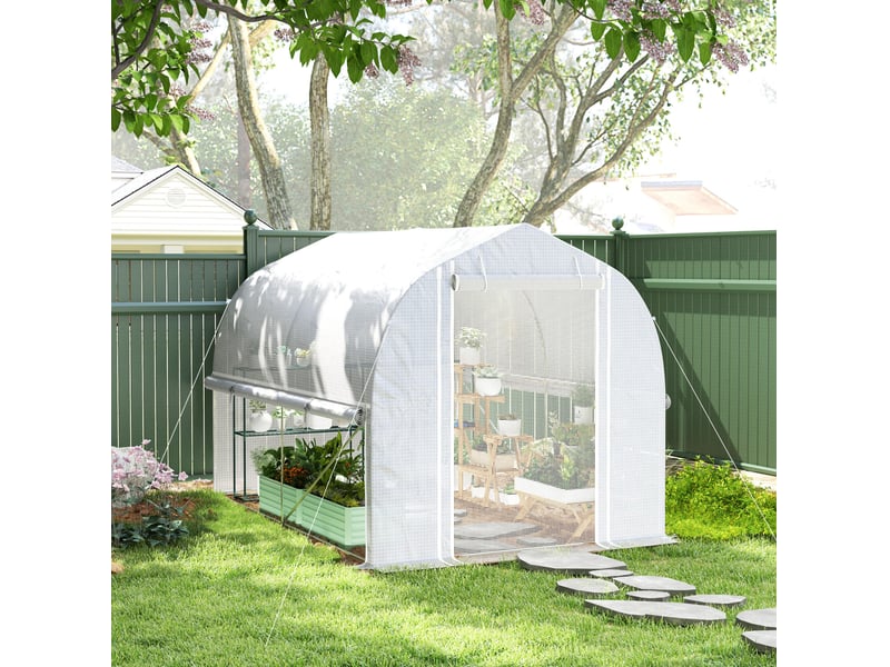  Serre tunnel de jardin 300x200x200 cm – blanche – 4 fenêtres, porte enroulable et bâche anti-uv  - Conforama B