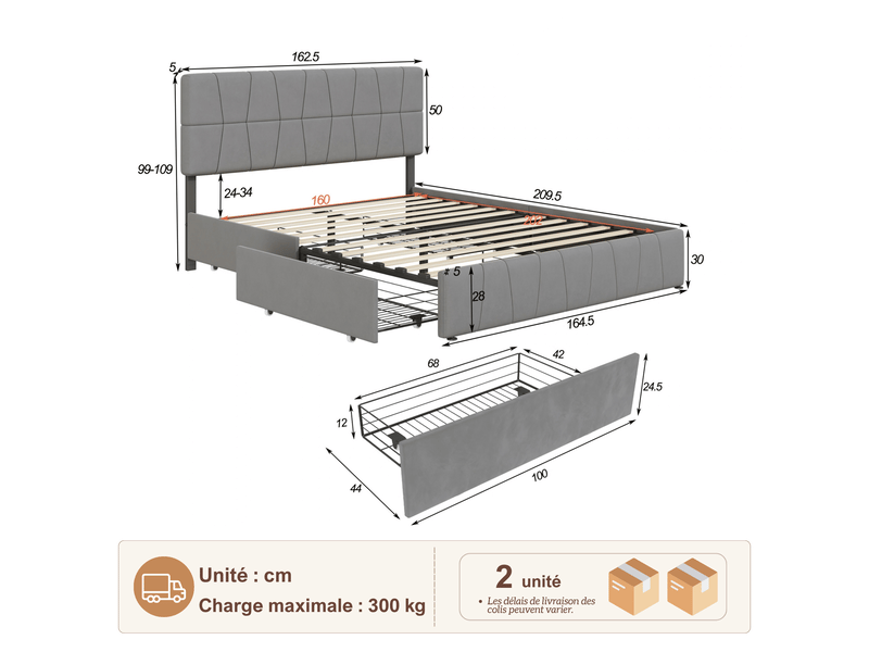 Lit double 160x200 lit double rembourré en velours style minimaliste, lit double avec rangement équipé de 4 tiroirs latéraux à roulettes, cadre métallique, lit 2 places adulte design nordique - capacité de charge 300 kg - gris - Conforama C