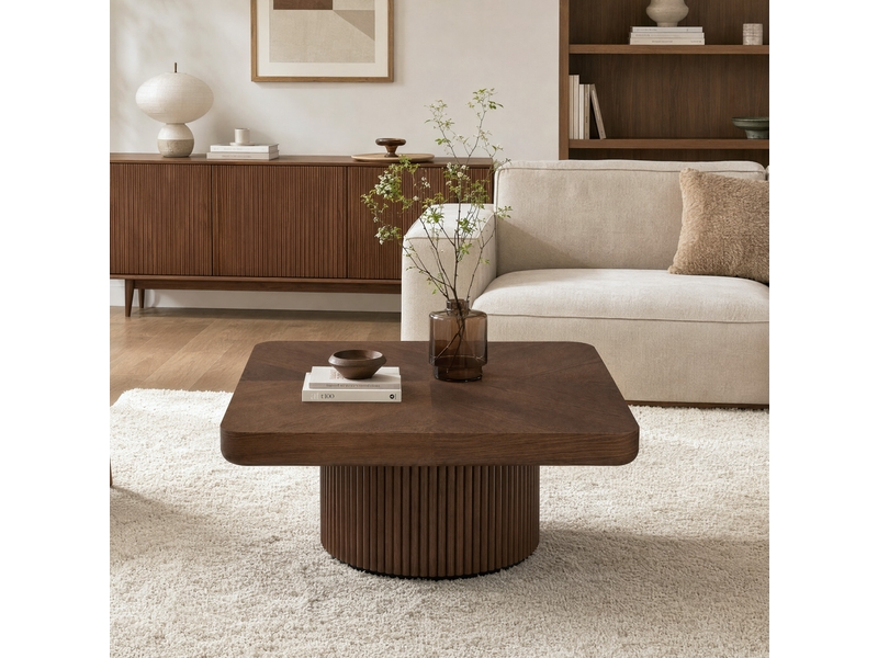  Table basse 78x78x38 cm coloris noyer avec piètement cylindrique cannelé  - Conforama B