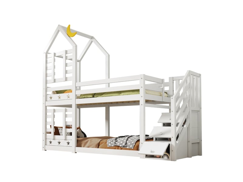  Lits superposés 90x200 - design cabane avec étoiles et lune - lit superposé enfant - escalier de rangement et 2 tiroirs - blanc  - Conforama A