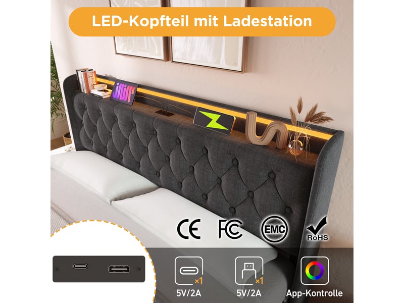  Lit double capitonné rayofi 160 x 200 cm, éclairage led 360° contrôlable (bouton, application, télécommande), rangement coffre hydraulique, tête de lit rembourrée avec ports usb et type-c, revêtement lin gris, matelas inclus  - Conforama R