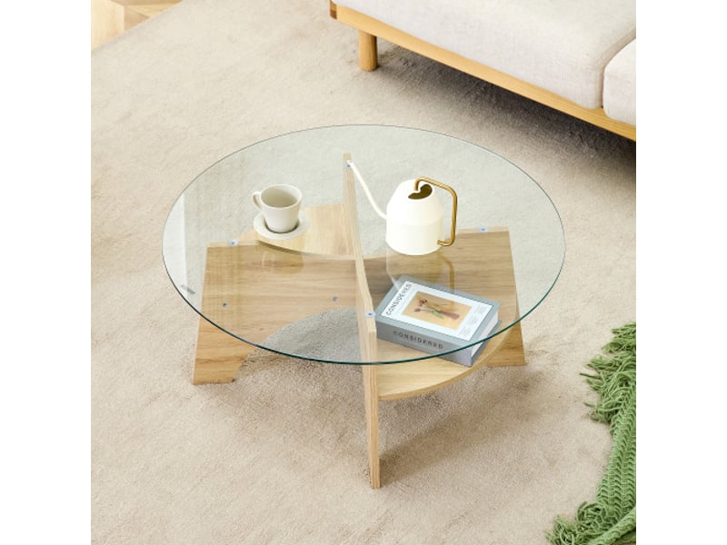  Table basse ronde en verre ø80 cm - plateau transparent, design multifonction, piètement éventail en mdf bois naturel  - Conforama D