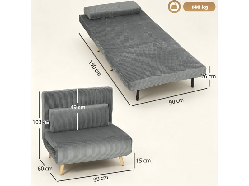 Fauteuil-lit convertible 3-en-1 en velours côtelé gris foncé, dossier réglable 6 positions, couchage 90 x 190 cm - Conforama C