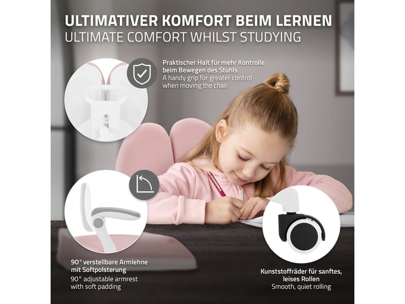  Ml-design chaise de bureau pour enfant 95-107 cm rose avec dossier divisé et repose-pieds siége d'étude ergonomique pivotant 360° hauteur réglable accoudoirs rabattables tissu respirant confortable  - Conforama D
