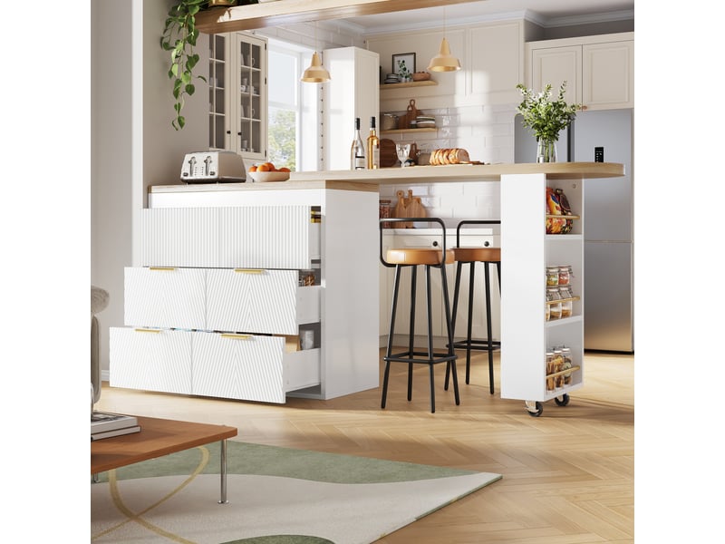  Table de bar 128-203x39x90 cm, pivotante 360°, 6 tiroirs, buffet de cuisine avec anti-basculement, mdf, blanc Bliss Lite - Conforama E