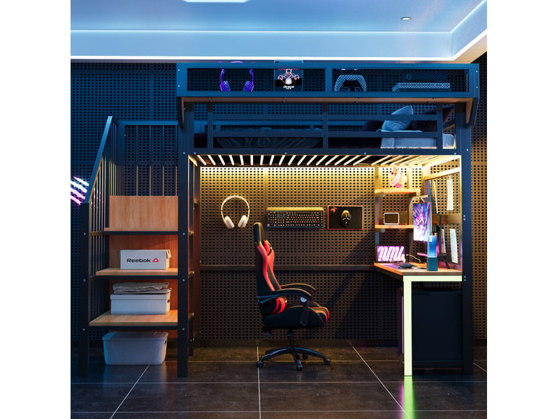 Lit mezzanine 90x200 cm, lit enfant, led, bureau, rangement, charge, échelle, garde-corps, métal+mdf, noir sans matelas  - Conforama D