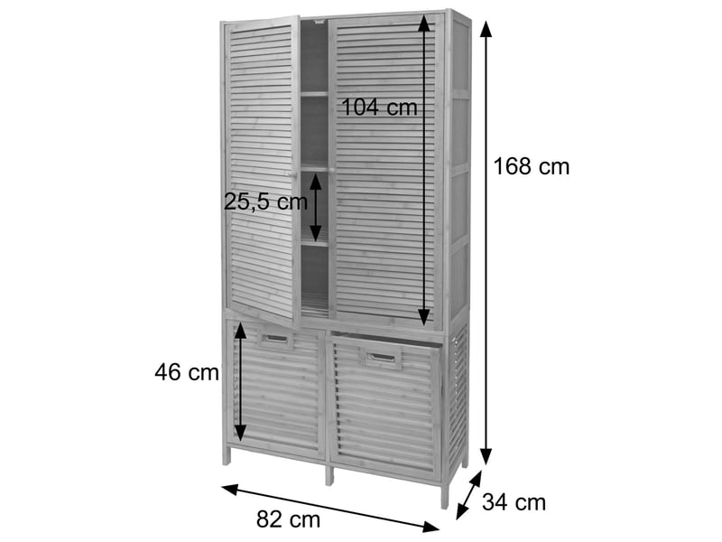  Armoire de salle de bains en bambou hwc-n83, étagère de salle de bains, 2 paniers à linge, portes mvg 168 x 82 x 34 cm - naturel-noir, panier anthracite  - Conforama C