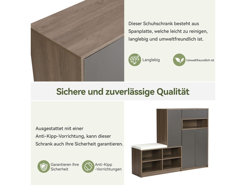  Meuble à chaussures 140x35x110 cm avec siège rembourré et étagères réglables, armoire de rangement gris pour entrée  - Conforama E