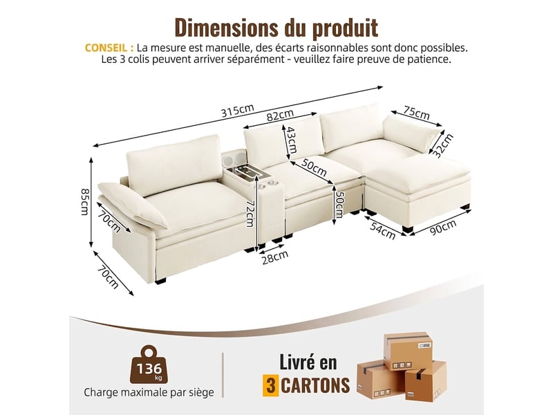  Canapé modulable en chenille angle 4 places 315 cm - recharge sans fil, rangement, lumière  - Conforama C