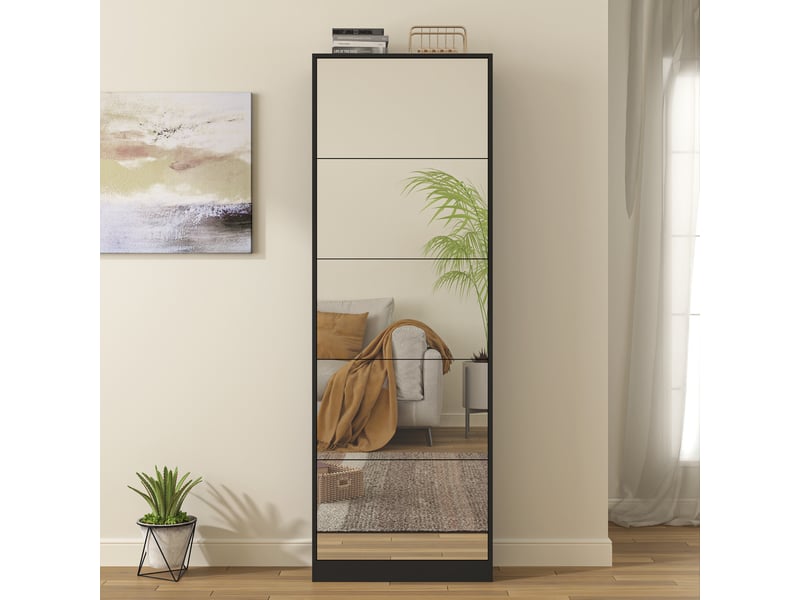  Meuble à chaussures avec miroir – 5 compartiments basculants double niveau – mdf noir – 63 x 23,6 x 185 cm  - Conforama B