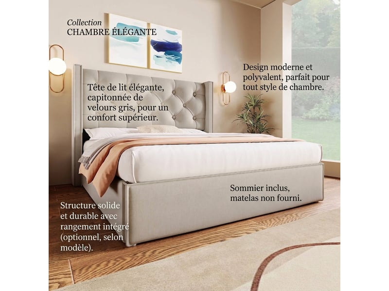  Lit coffre 140x200 capitonné avec sommier à lattes en bois et grand espace de rangement gris clair  - Conforama E