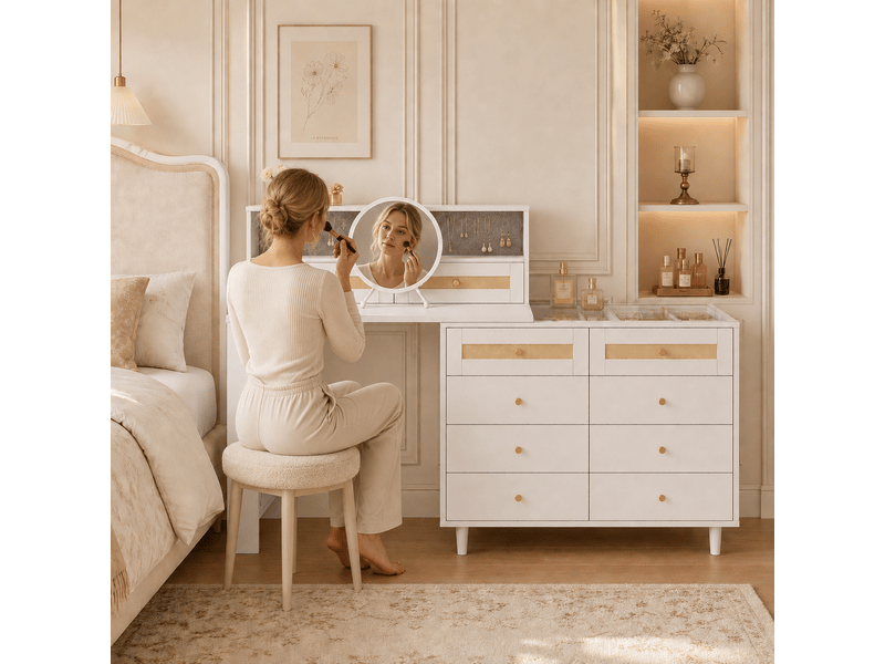  Coiffeuse 10 tiroirs et miroir pour chambre, 105 × 50 × 108 cm  - Conforama C