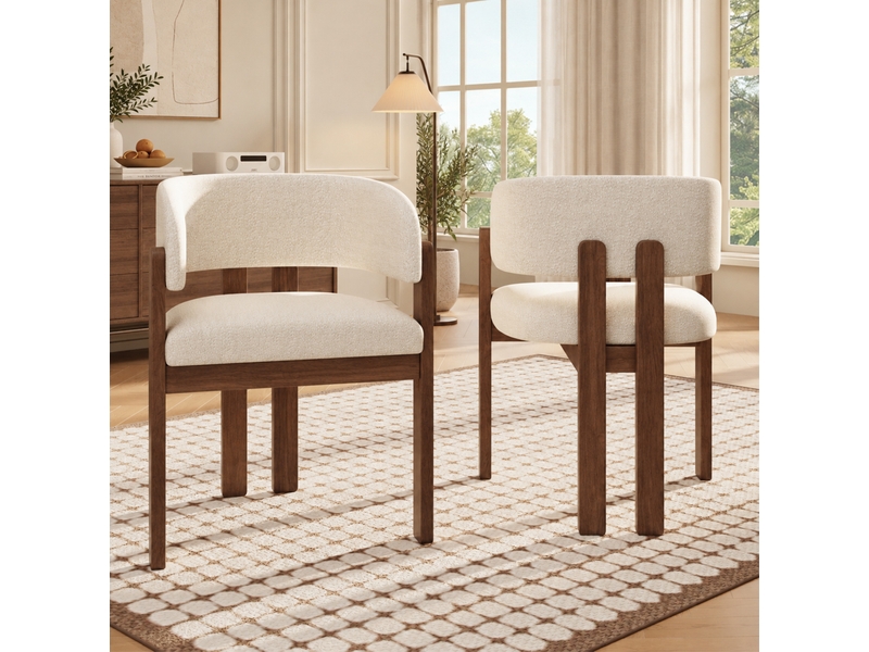  Lot de 6 chaises de salle à manger avec accoudoirs, tissu bouclé beige, coloris noyer  - Conforama C