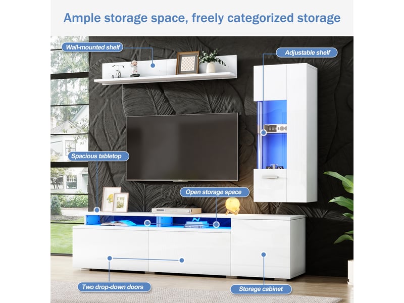  Ensemble meuble tv 3 pièces avec led et vitrine modulable - rangement mural mdf acrylique verre blanc  - Conforama E
