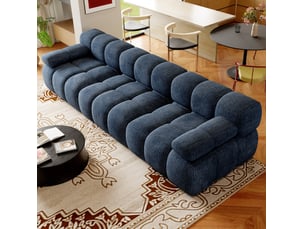 Canapé droit fixe 3 places en tissu bleu de 300 cm, mousse haute élasticité, confort au quotidien pour le salon
