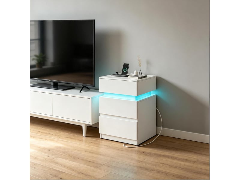  Tables de chevet tcqpz lot de 2 40 x 35 x 55 cm led réglable prises usb rangement bois blanc  - Conforama D
