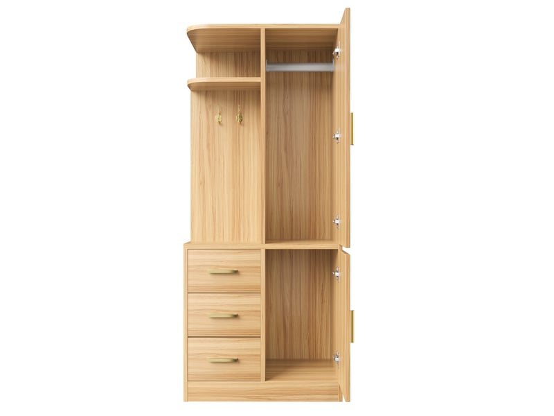  Armoire 70x50x170 cm, 2 portes, 3 tiroirs, crochets et espaces de rangement, poignées en métal, bois clair  - Conforama E