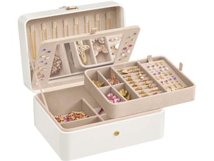 Boîte à bijoux de voyage avec miroir 17,6 x 22 x 11 cm pratique rangement 2 niveaux style moderne en mdf blanc 12_0012888