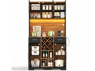 Buffet haut de cuisine 105 x 40 x 180 cm – naturel et noir – led rgb, prises usb et casier à vin amovible