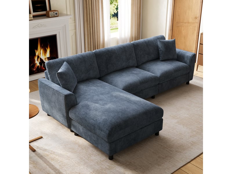  Canapé d’angle modulable en l 256 cm 3 places avec méridienne réversible extra-large 90 cm, accoudoirs courbés, ressorts ensachés, chenille bleu  - Conforama E