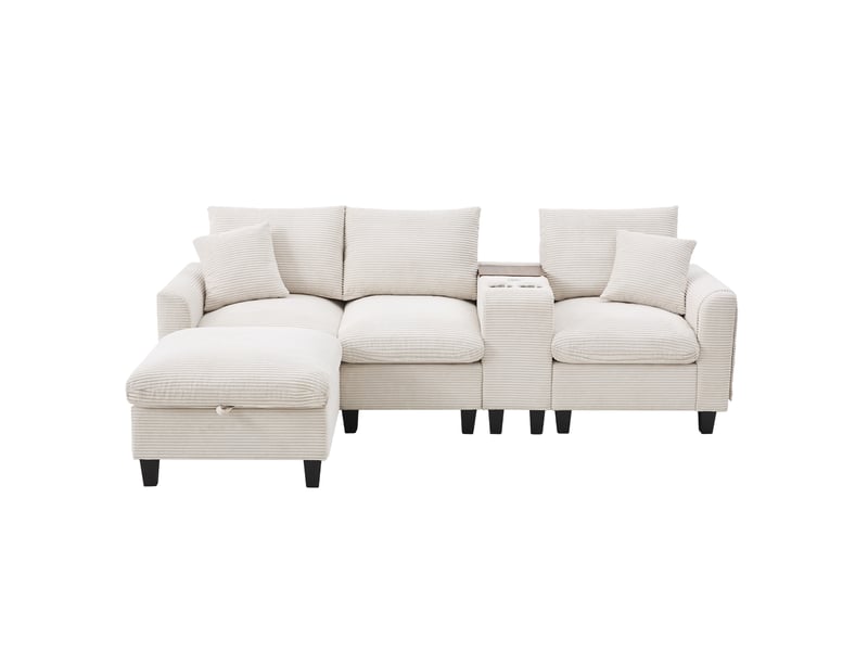 Canapé d'angle convertible modenvie 4 places 229 x 149,5 cm velours côtelé beige avec pouf coffre usb - Conforama A