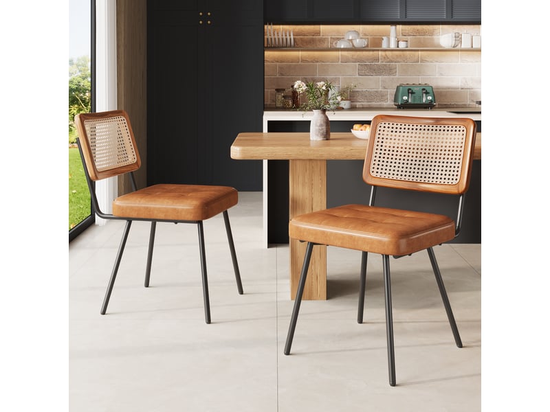  Chaise de salle à manger ergonomique avec pieds réglables  - dossier en rotin pe, pu marron 61 × 46 × 79 cm  - Conforama B