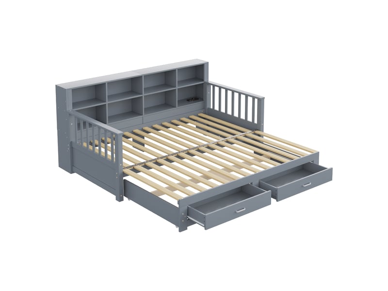  Canapé-lit multifonctionnel en bois massif gris 90180x190 cm avec lit gigogne, 2 tiroirs, prise et rangements  - Conforama A