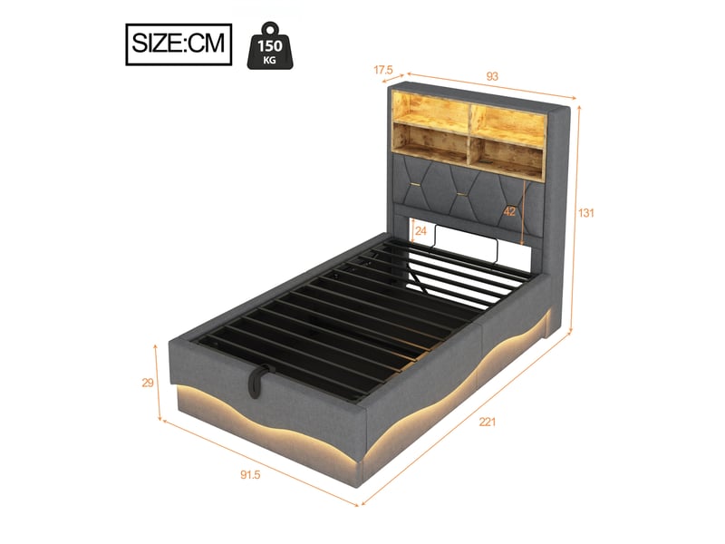  Lit enfant 90 x 200 cm avec sommier métallique, coffre hydraulique et éclairage led gris  - Conforama C