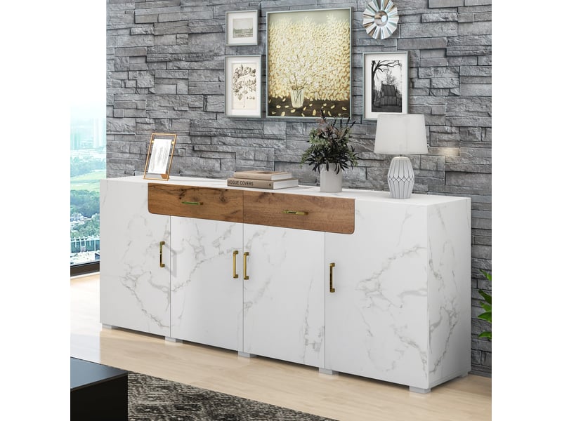  Buffet 4 portes 2 tiroirs blanc marbré meuble de rangement 208 cm pour salon  - Conforama B