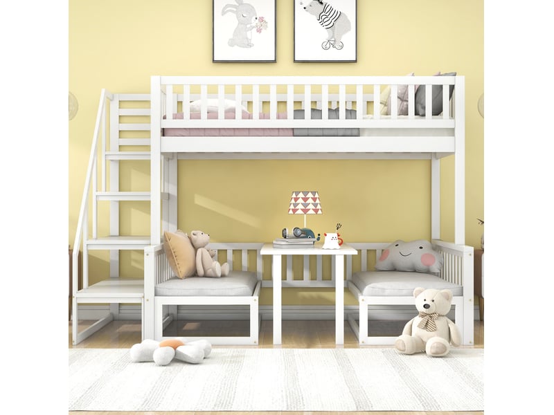  Lit superposé 90x200 cm et 120x200 cm avec escalier, table réglable, bois et mdf blanc sans matelas  - Conforama B