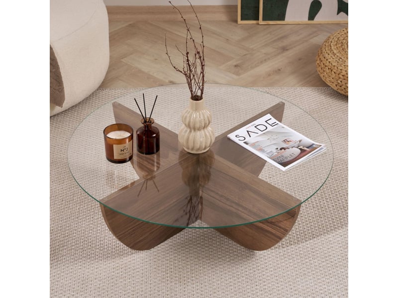  Table basse de salon en verre trempé et bois mdf mélaminé noyer 90 x 90 x 30 cm  - Conforama E