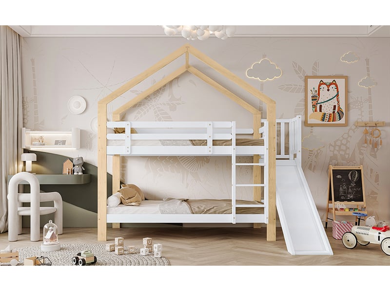  Lit superposé avec toboggan et échelle inclinée 3 marches 90x200 cm blanc et bois clair pin et mdf structure avec protection anti chute Sol Morn - Conforama D