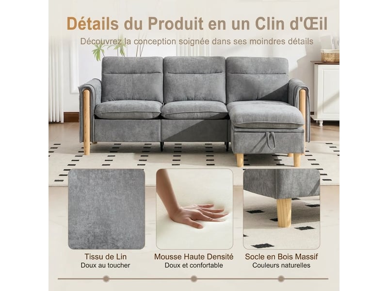 Canapé d'angle 3 places avec méridienne réversible 201 cm rangement intégré gris clair - Conforama R