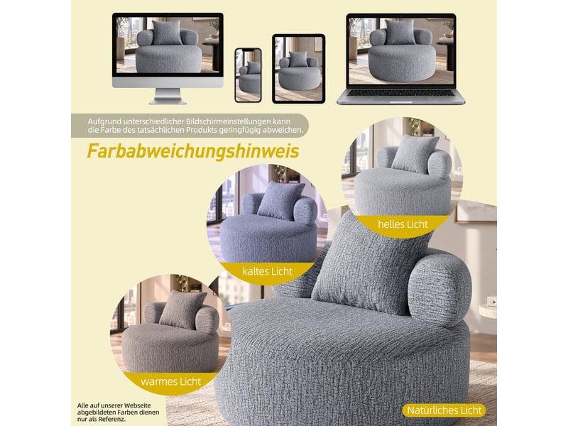  Fauteuil pouf rond avec coussin et dossier enveloppant, mousse haute densité, chenille grise, 100 × 100 × 65 cm  - Conforama E