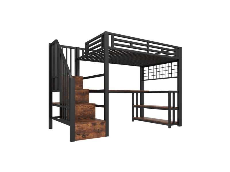  Lit mezzanine noir 90 × 200 cm, bureau, led, rangements, 2 usb, type-c et grille suspendue  - Conforama D