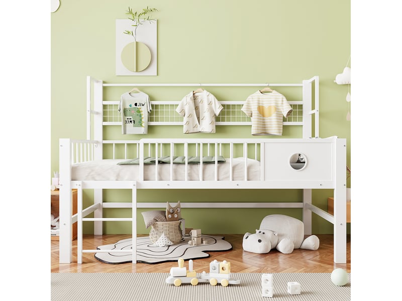  Lit mezzanine bas enfant 90 x 200 cm avec rangement, métal et mdf, blanc  - Conforama D