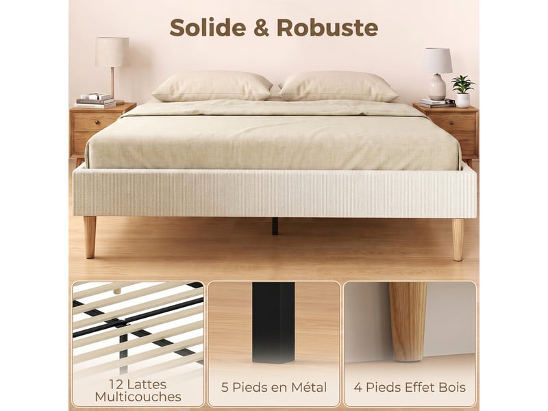 Cadre de lit 140 x 190 cm avec sommier, lit double rembourré en velours côtelé, espace de rangement au-dessous, crème  - Conforama E