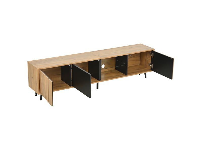  Meuble tv 175 x 31,5 x 45 cm – naturel et noir – 3 portes, rangement central en verre, pour tv jusqu’à 75 pouces  - Conforama D