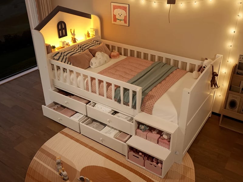 Lit mi-haut, 90 x 200 cm, 4 tiroirs, bande led, escalier de rangement, sans matelas, blanc - Conforama B