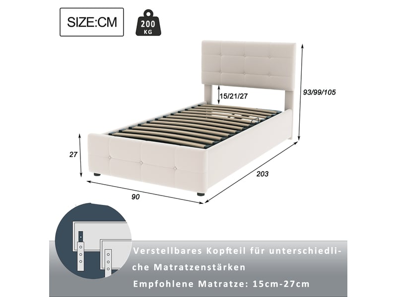 Lit enfant coffre hydraulique 90 x 200 cm, tête de lit réglable, velours beige - Conforama C