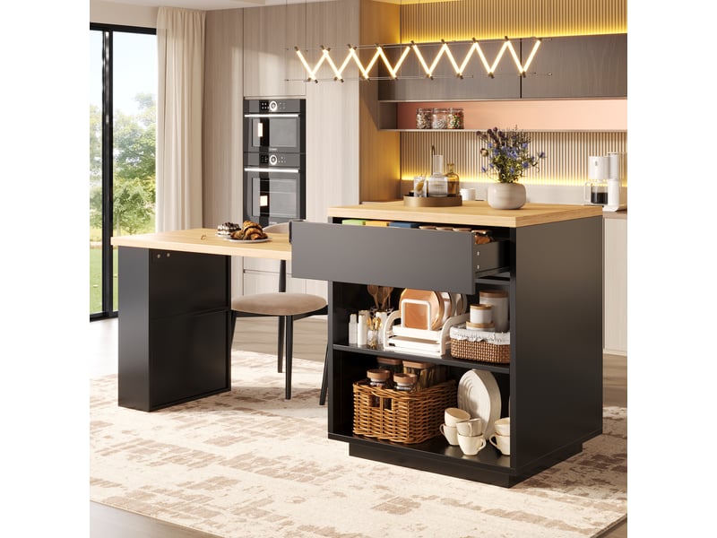  Îlot de cuisine extensible, 122 × 70 × 94 cm, 2 portes et 1 tiroir, mdf et métal, noir, rangement fonctionnel  - Conforama B